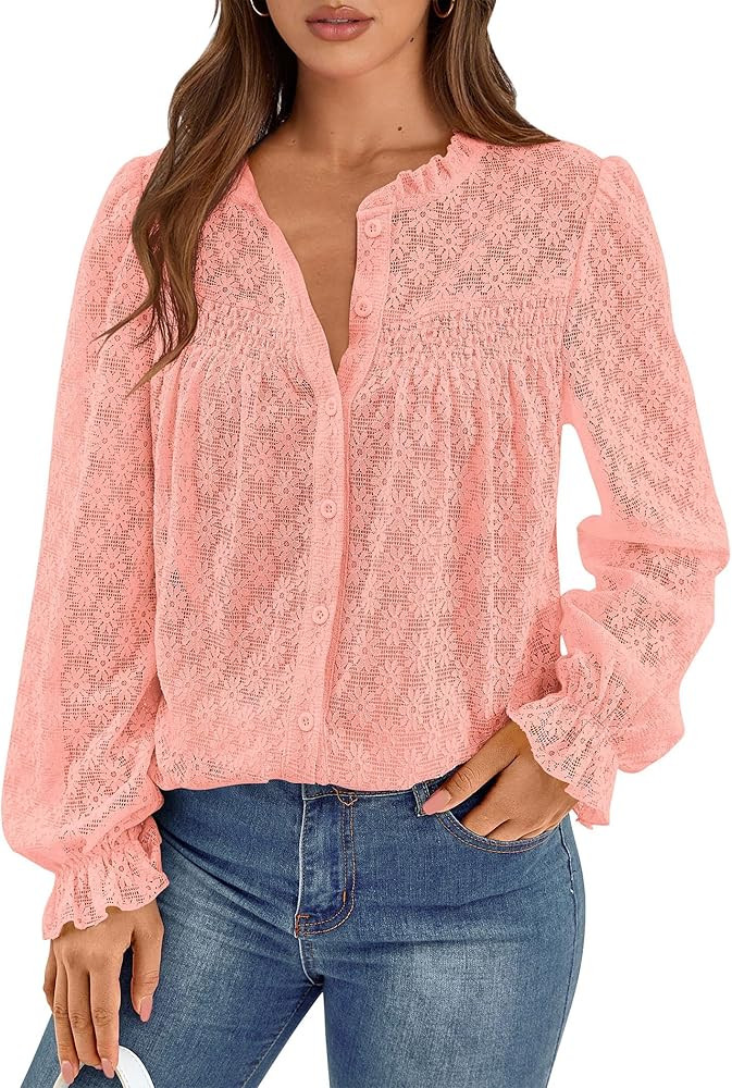 PRETTYGARDEN Women's Lace Long Sleeve Button Down Blouse | Amazon (US)