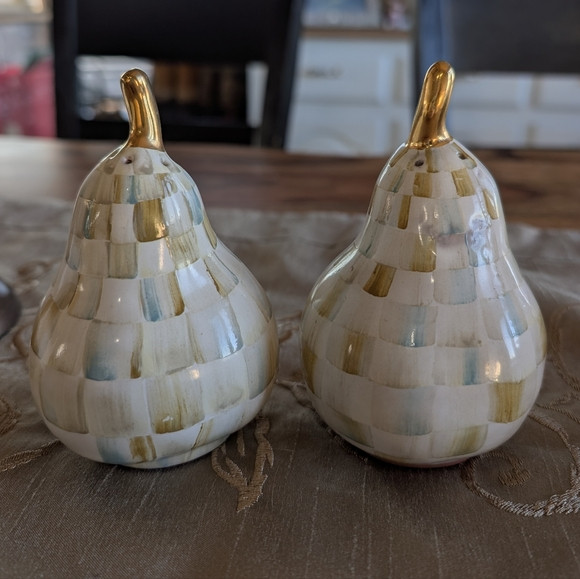 *Retired* Mackenzie Childs Parchment Check Pear Salt & Pepper shakers - never us | Poshmark