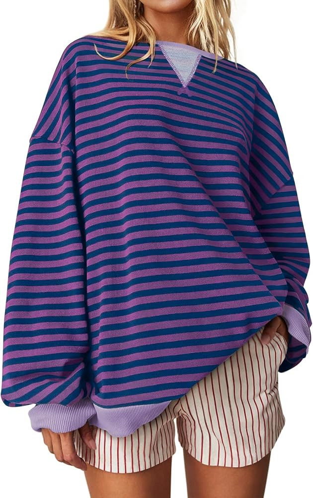 UEU Women Striped Oversized Sweatshirt Color Block Crewneck Long Sleeve Pullover Top Fashion Tren... | Amazon (US)