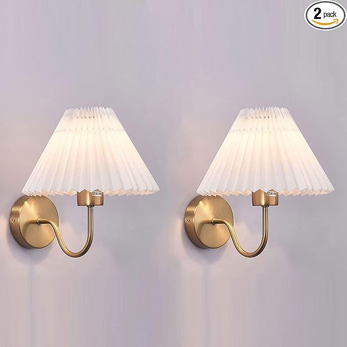 Gold Wall Sconces Sets of 2, Pleated Fabric Wall Lamp Bedside Wall Light Bathroom Dresser Vanity ... | Amazon (US)