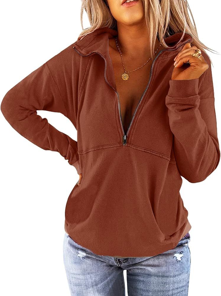 PGANDS Women's Casual Long Sleeve Half Zip Up Sweatshirt Hoodies Lapel Plain Stylish Loose Pullover  | Amazon (US)