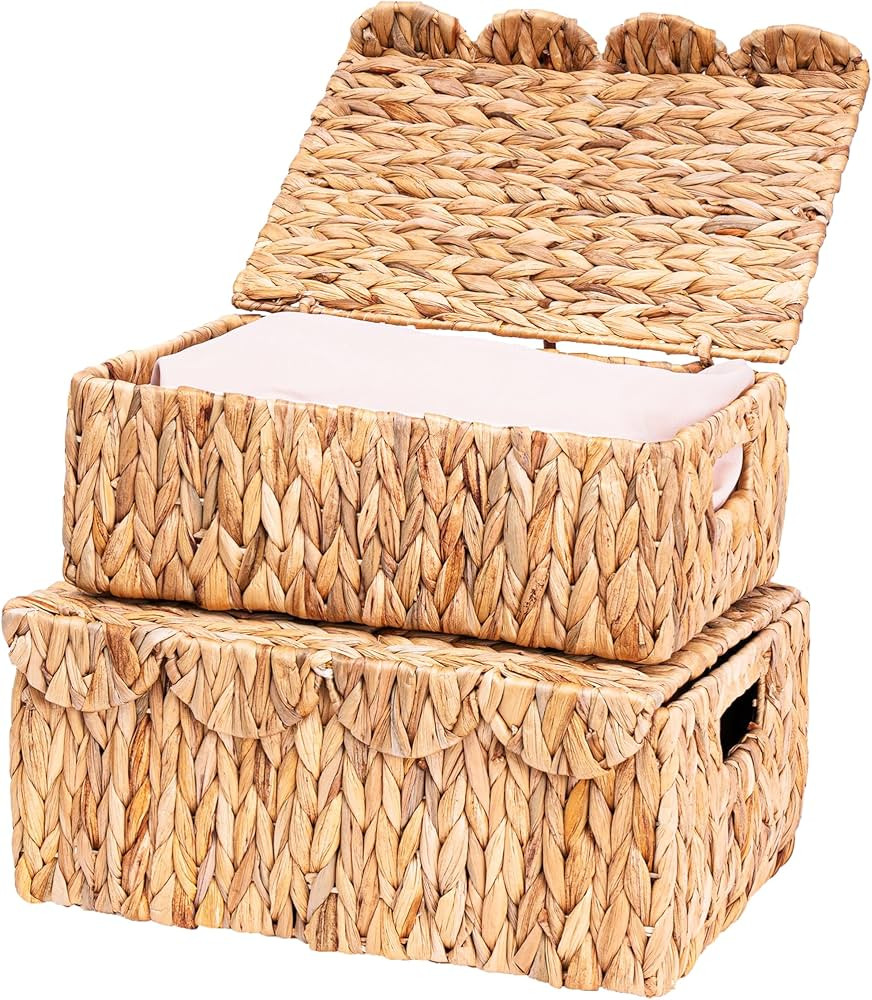 Scalloped Edge Wicker Basket with Lids, Rectangle Wicker Storage Basket with Built-in Handles, Mu... | Amazon (US)