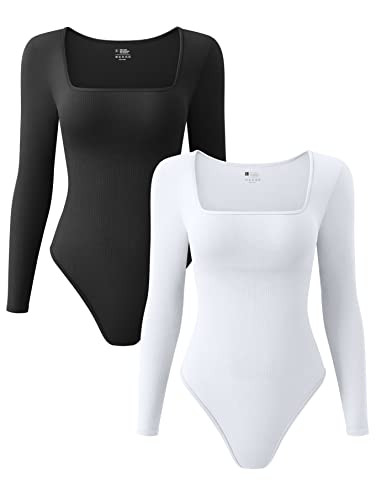 OQQ Women's 2 Piece Bodysuits Sexy Ribbed One Piece Square Neck Long Sleeve Tops Black White | Amazon (US)