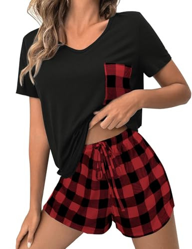 JUSTFASHIONNOW Pjs for Women Summer Pajama Sets for Women 2 Piece Pj Sets 2024 Ladies Short Sets Reddish Black M | Amazon (US)