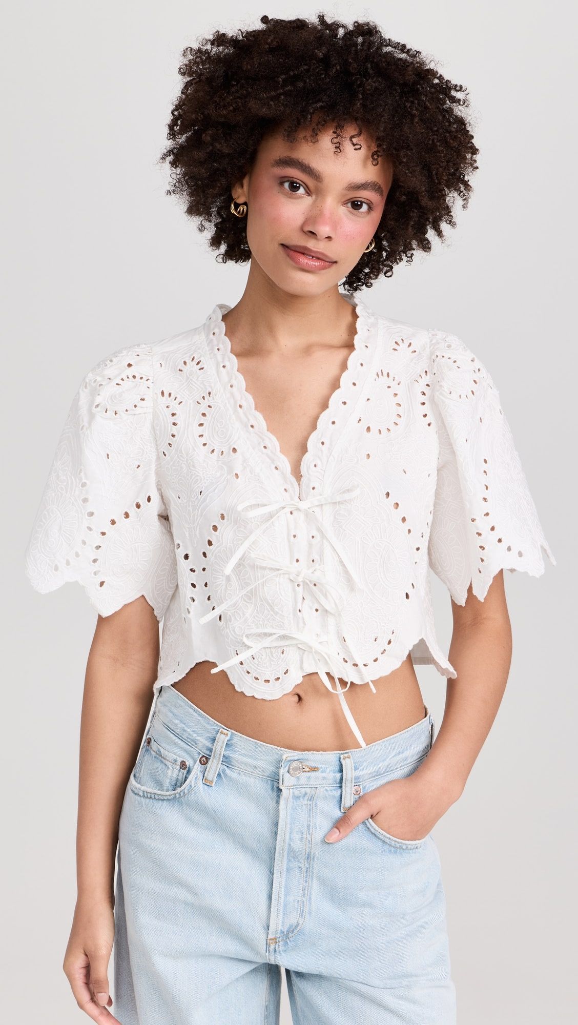 Puff Sleeve Eyelet Top With Front Ties | Shopbop