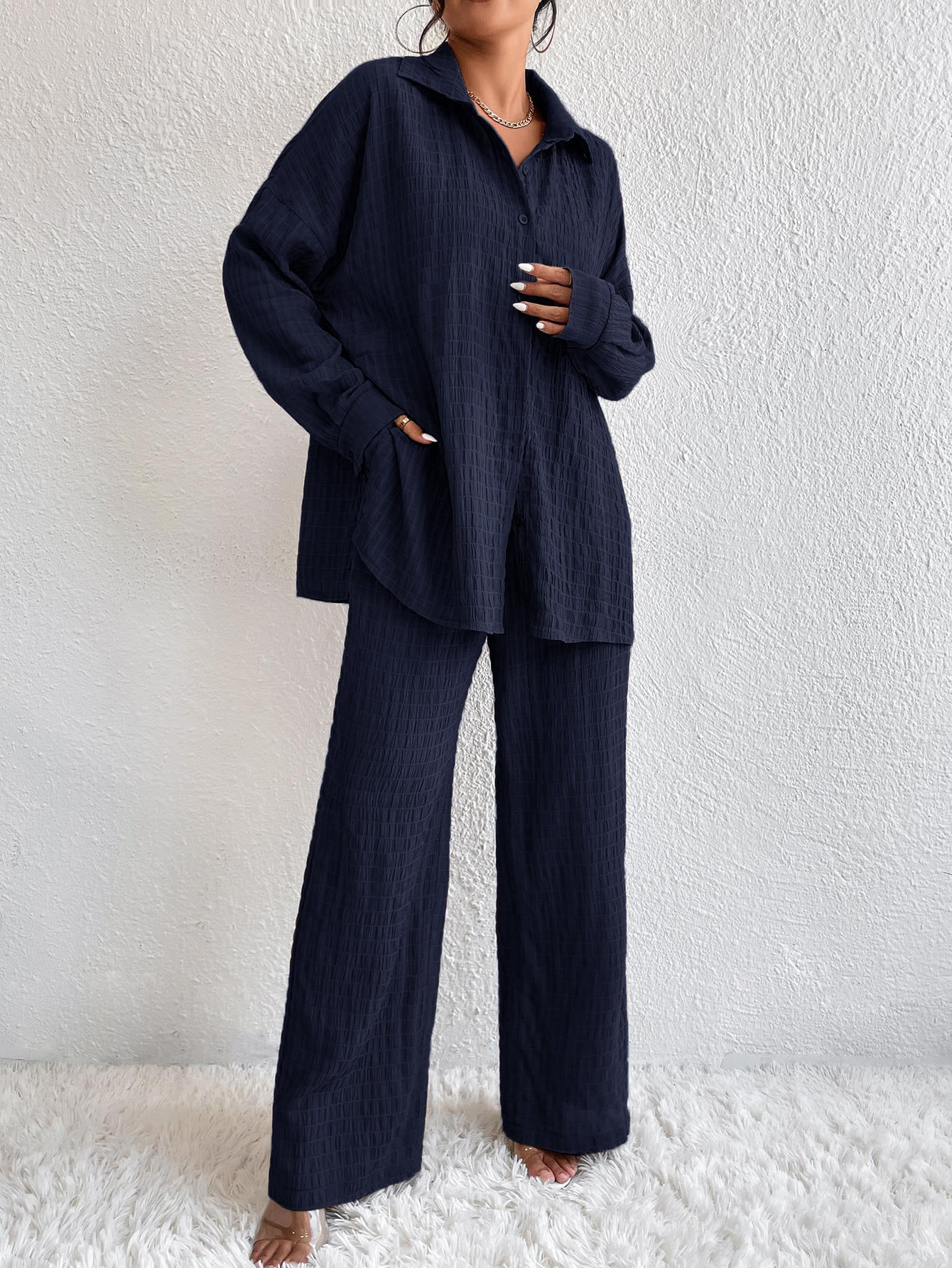 Solid Drop Shoulder Shirt & Wide Leg Trousers | SHEIN