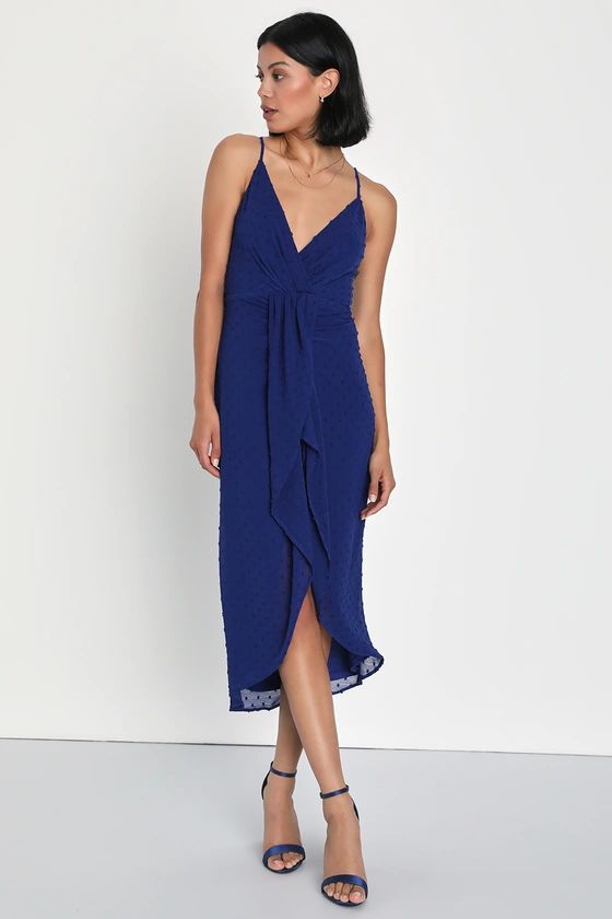 Stylish Invite Dark Blue Swiss Dot Surplice Midi Tulip Dress | Lulus (US)