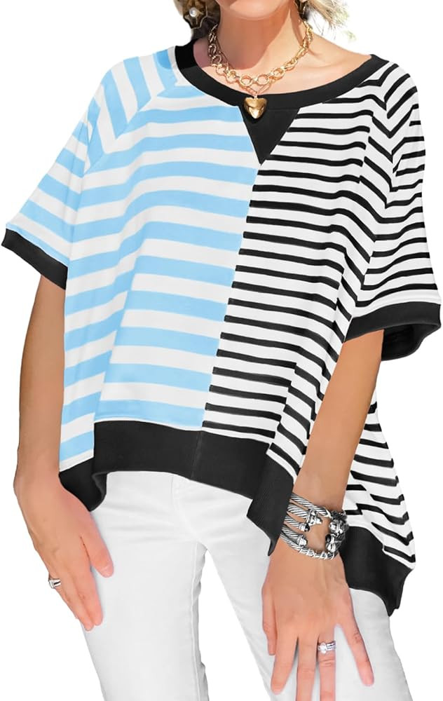 Tankaneo Womens Oversized T Shirts Summer Short Sleeve Striped Color Block Loose Fit Tops 2025 Tr... | Amazon (US)