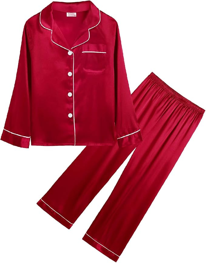 SWOMOG Kid Girls Boys Silk Satin Pajamas Set Button-Down PJs Sets Two-Piece Lounge Sets Long Slee... | Amazon (US)