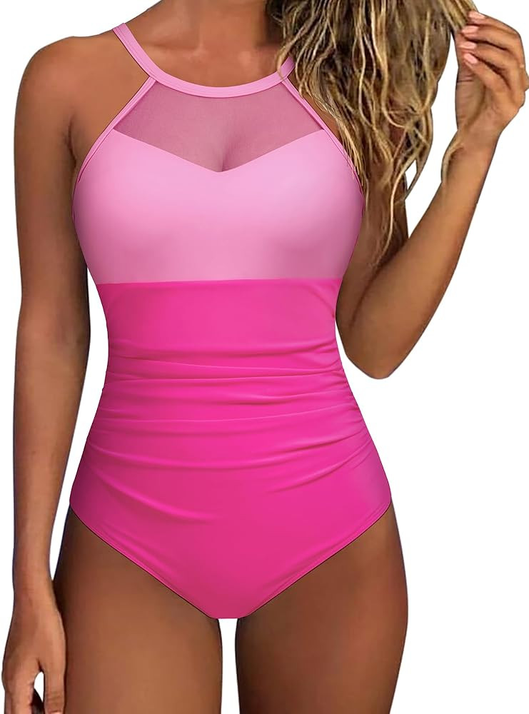SUUKSESS Women Tummy Control One Piece Swimsuit Sexy Mesh High Neck Bathing Suit | Amazon (US)
