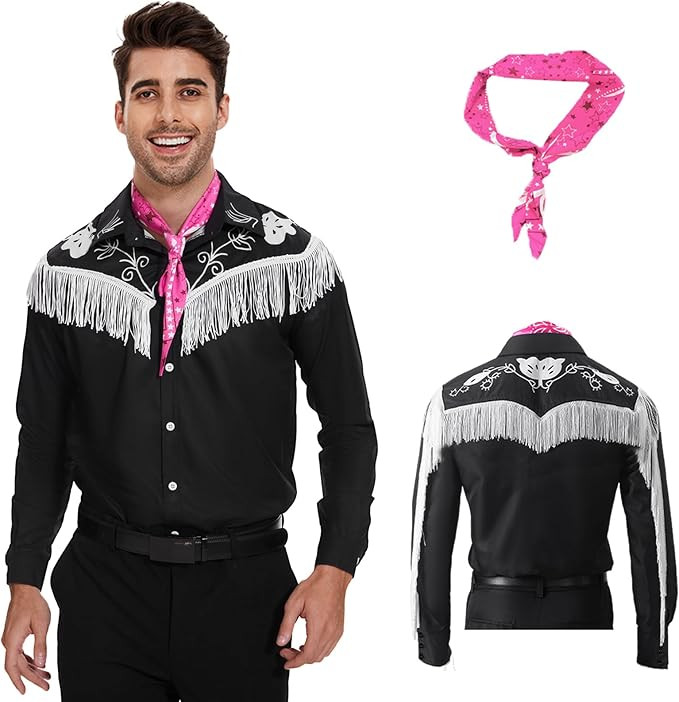 Costume for Men,80s 90s Cowboy Costume, Western Long Sleeve Fringe Shirt with Scarf, for Hallowee... | Amazon (US)