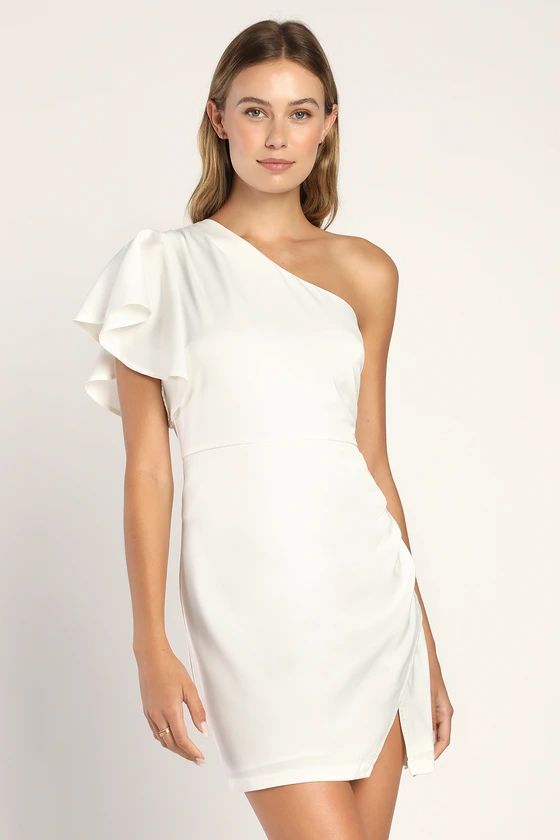 Be The One White Satin One-Shoulder Faux Wrap Mini Dress | Lulus (US)