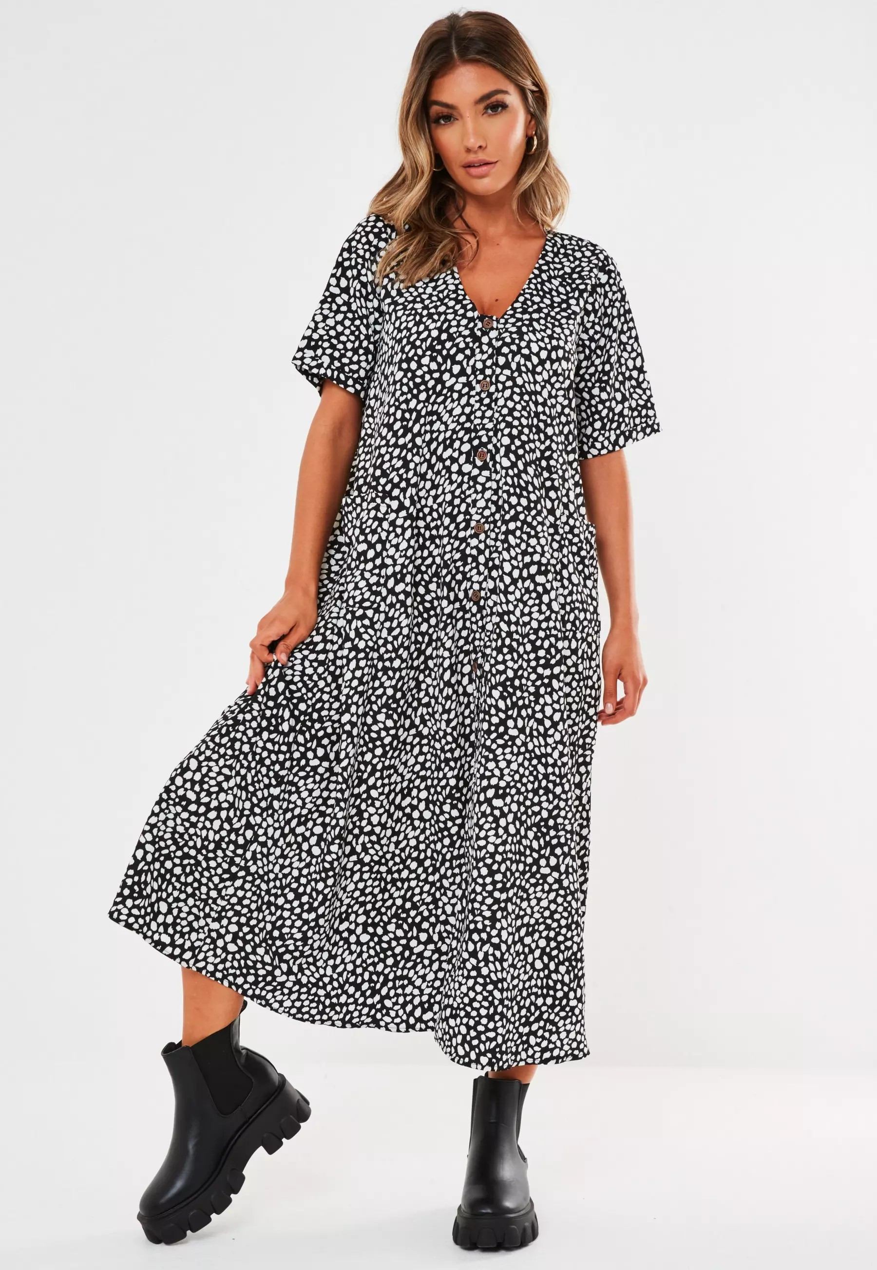Black Dalmatian Button Through Midi Smock Dress | Missguided (US & CA)