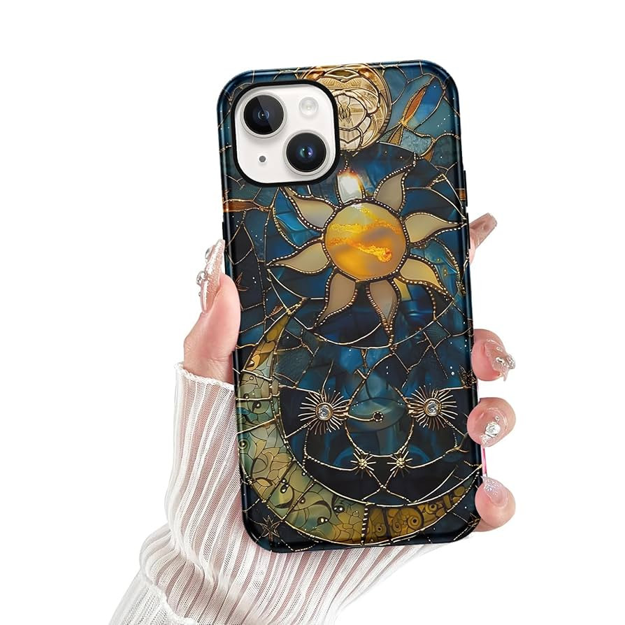 for iPhone 13 / iPhone 14 Stained Glass Phone Case 6.1", Aesthetic Sun Moon Stars Case Cute Patte... | Amazon (US)