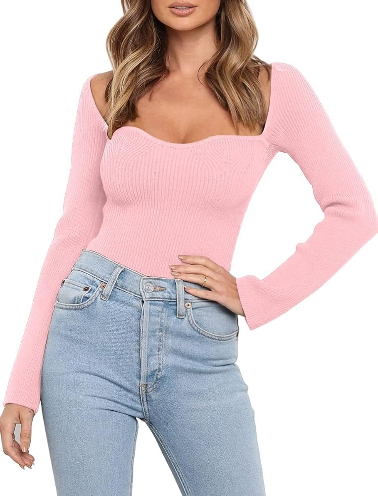 LILLUSORY Women's Sweetheart Neckline Sweater 2024 Spring Ribbed Knit Slim Fit Pullover Tops | Amazon (US)