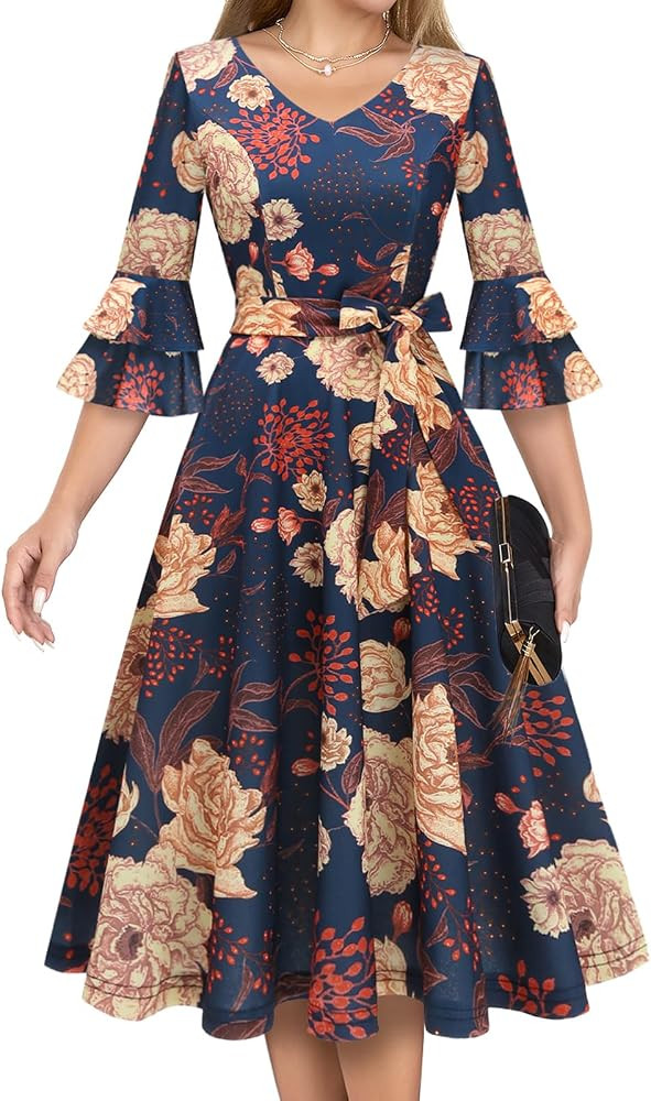 DRESSTELLS Cocktail Dress 2024, Long Bell Sleeves & V-Neck, Formal Guest Dresses for Holiday Part... | Amazon (US)
