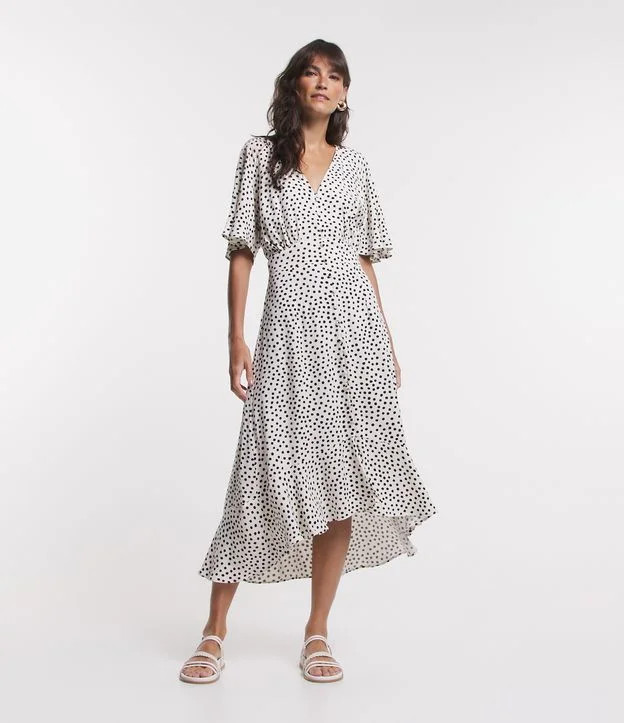 Vestido Midi em Viscose com Manga Flare e Estampa Poá Branco Neve | Renner (BR)