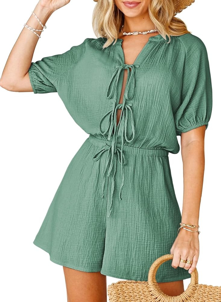 Fixmatti Women Summer Romper - Self Tie V Neck Casual Jumpsuit | Amazon (US)