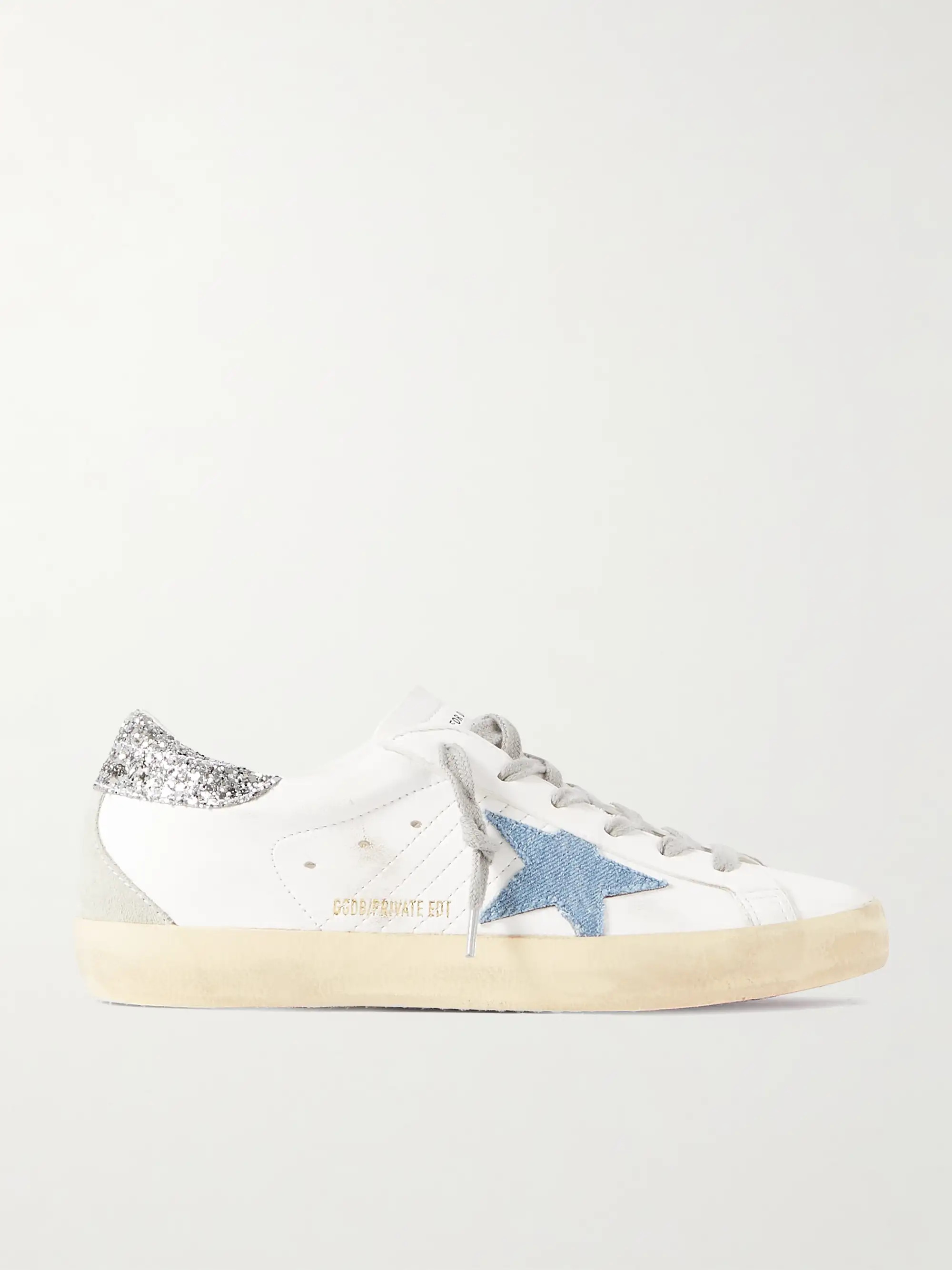 GOLDEN GOOSESuperstar distressed denim-trimmed glittered leather sneakers | NET-A-PORTER (US)