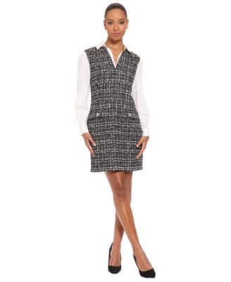 London Times Women's Collared Long-Sleeve Plaid Dress - Black/White | Macy's