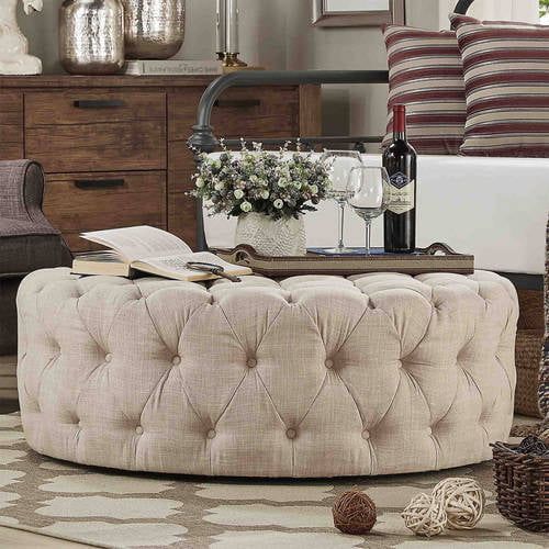 Weston Home 42" Round Tufted Cocktail Ottoman, Beige Linen - Walmart.com | Walmart (US)