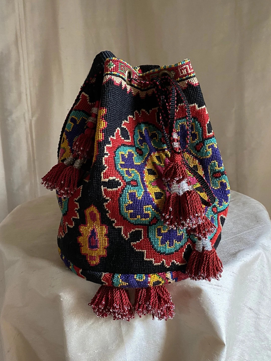 Black/red Drawstring Bucket Bag Embroidered Large Handbag Silk Petit Point Ethnic Boho Ikat Festi... | Etsy (US)