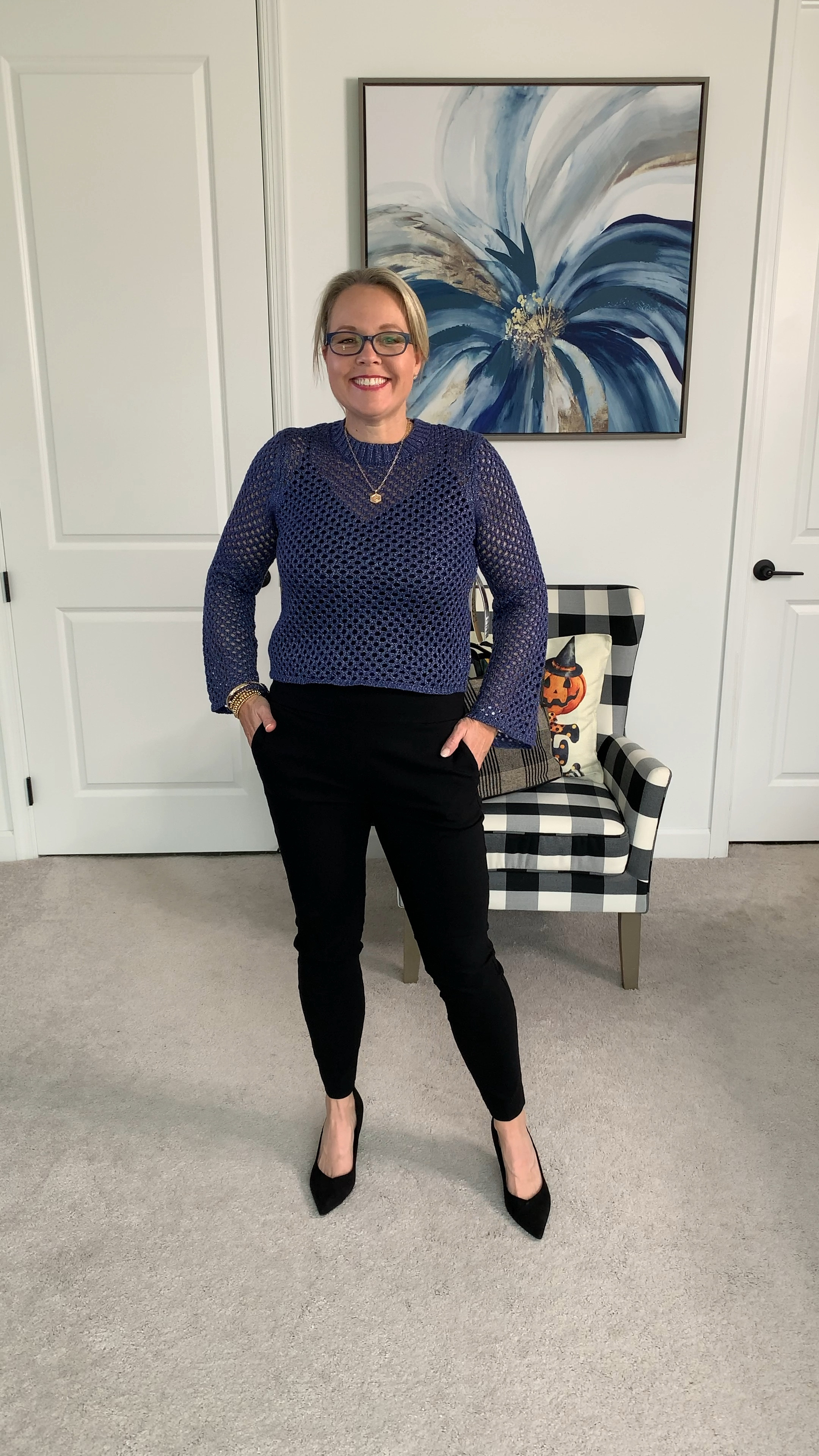 Madden NYC open metallic stitch top paired with Pioneer Woman pull on pants. 

#LTKHoliday #LTKFindsUnder50 #LTKOver40