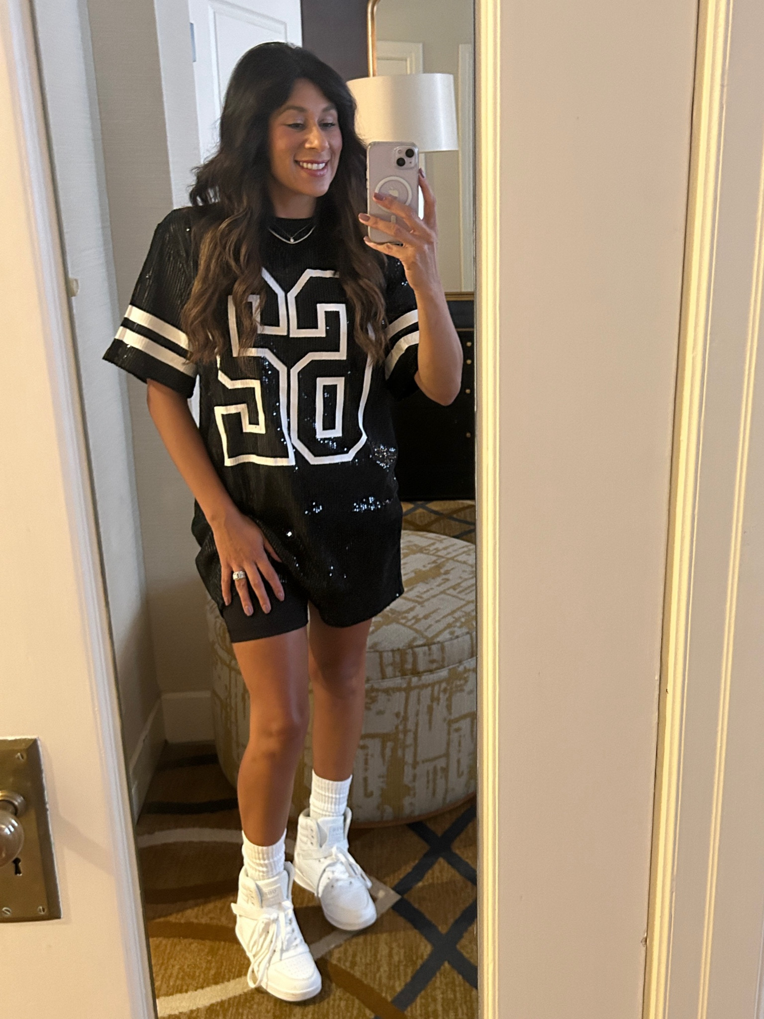 What I wore to a Denver / Raider football game. Love this oversized top, with sequins of course). Paired it with biker shorts and sneakers. Also put on an oversized Jean jacket and clear purse. 
Football Fashion 
Football Outfit 
Football OOTD 

#LTKActive #LTKSeasonal #LTKFitness