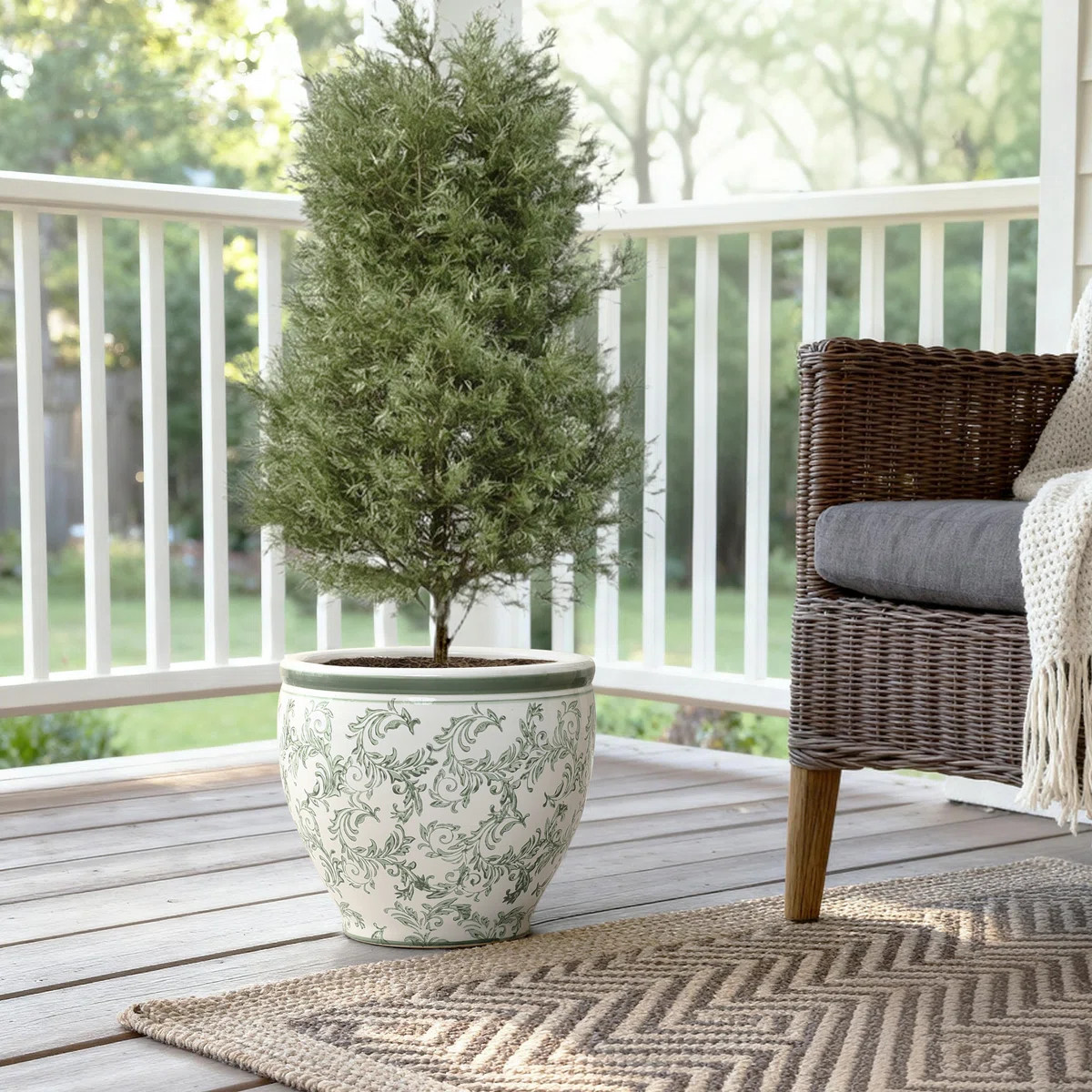 11.4'' Dia Green and White Round Planter Pot, Large Ceramic Pot with Drainage | Wayfair North America