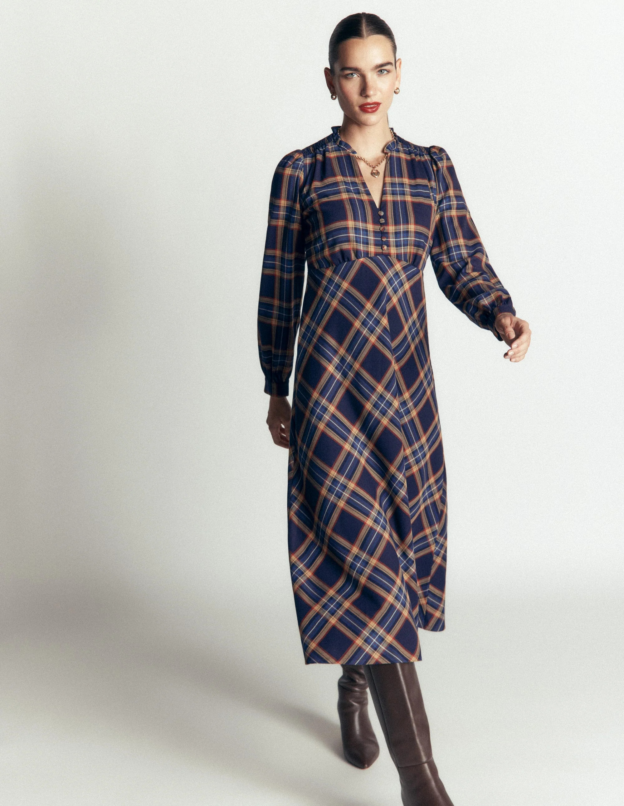 Cassie Checked Tea Dress-Navy and Camel Check | Boden (US)
