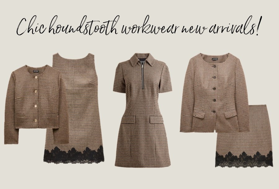 Chic houndstooth workwear pieces for fall! 
Houndstooth dress 
Houndstooth jacket
Lace trim skirt

#LTKSeasonal #LTKSaleAlert #LTKWorkwear