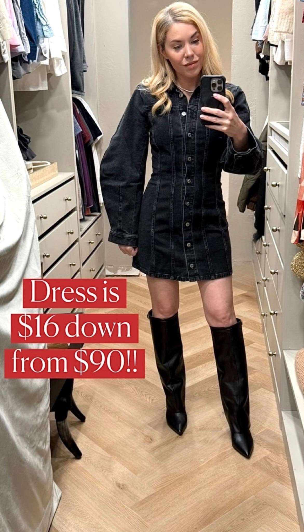 Denim dress
Dress
Knee high boots 

#LTKdayinmylife #LTKootd #LTKSaleAlert