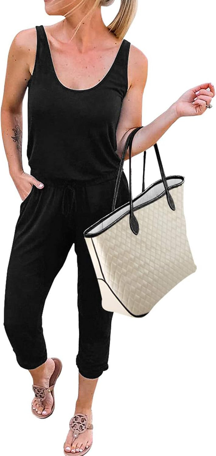 KIRUNDO 2023 Women's Summer Jumpsuits Casual Sleeveless Jumpsuit Drawstring Elastic Waist Romper ... | Amazon (US)