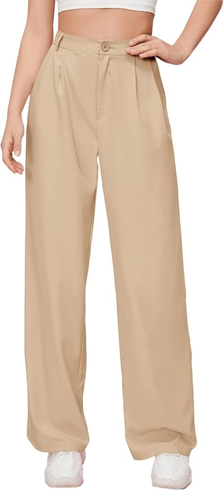 SweatyRocks Women's Casual Wide Leg High Waisted Button Down Straight Long Trousers Pants | Amazon (US)