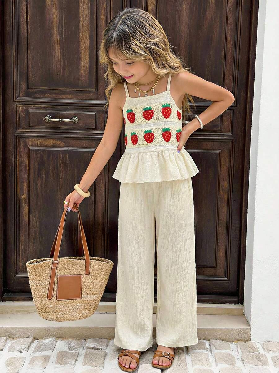 SHEIN Vintaside Kids Girls Casual Fashion Vacation Strawberry Crochet Lace Trim Camisole And Elas... | SHEIN