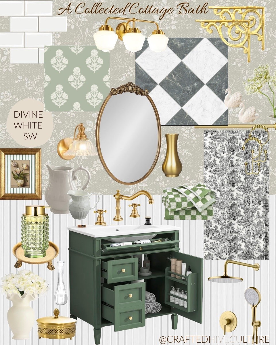 A little glimpse into a collected cottage bath 🤍

This space is all about mixing—brass with soft florals, classic tile with a rich green vanity, and vintage-inspired pieces that feel like they’ve been gathered over time. It’s cozy, layered, and elevated without feeling too “done.”

Sharing all the details to recreate this look ✨

#ltkhome #ltkstyle #bathroominspo #cottagecore #vintageinspired #cozyhome #homedecor #collectedhome #neutralhome #ltkit