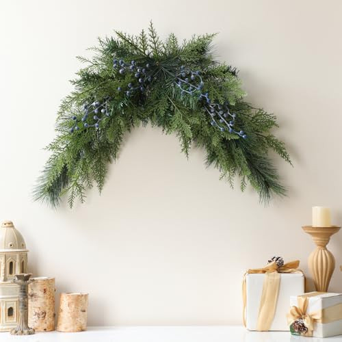 Giegxin 32" Christmas Artificial Juniper Swag Blueberries Crescent Front Door Decoration Mailbox Swag Pine Cedar Xmas Juniper Swags for Windows Wall Mantel Fireplace Table Stair Decor Indoor Outdoor | Amazon (US)