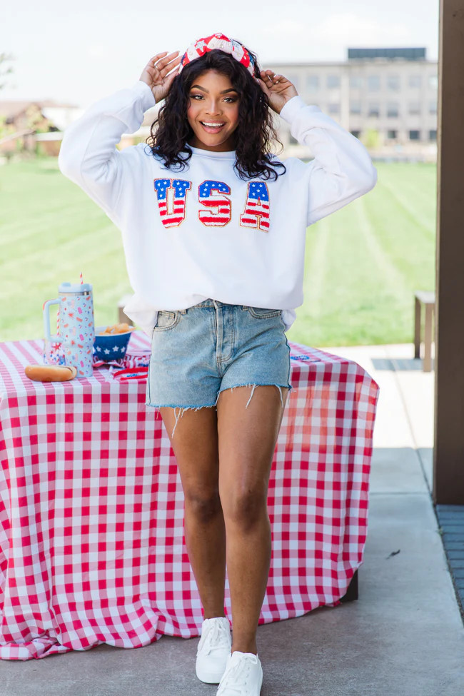 USA Flag Chenille Patch White Oversized Graphic Sweatshirt | Pink Lily