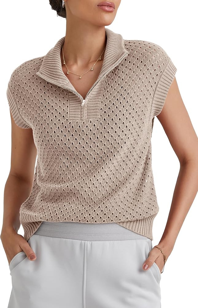 Arach&Cloz Womens Summer Cap Sleeve Sweater Vest 2025 Spring Casual Quarter Zip Hollow Out Croche... | Amazon (US)