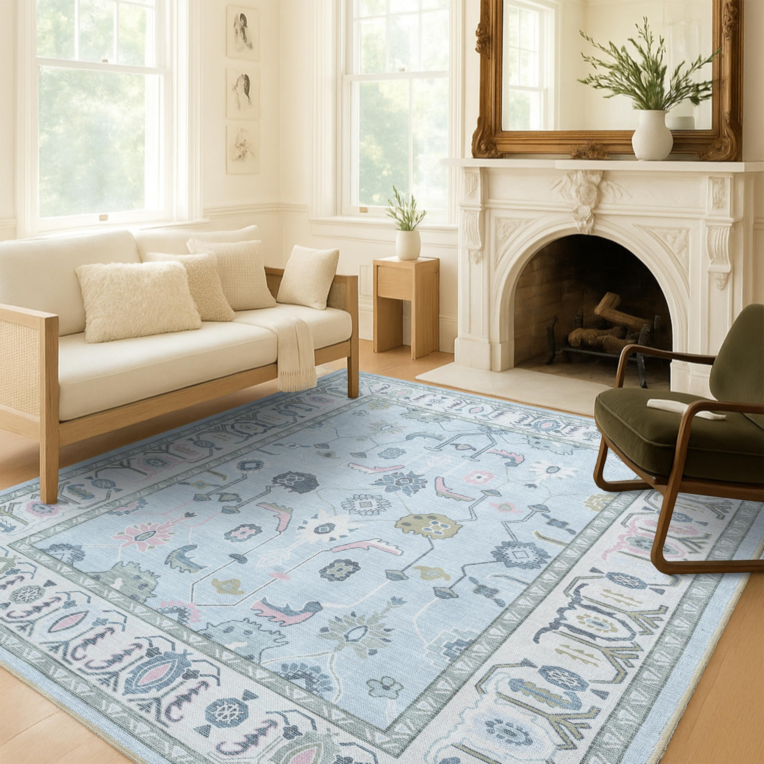 Cream Blue Oushak Rug, Modern, Vintage, Turkish, Eclectic, Floral, Pastel, Washable, Extra Large ... | Amazon (US)