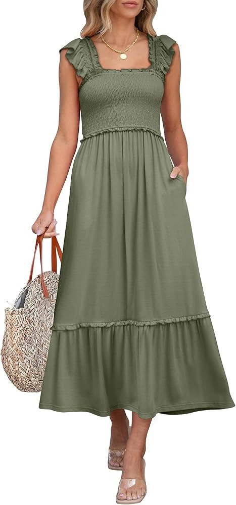 ANRABESS Womens Summer Sleeveless Maxi Dress Square Neck Smocked Boho Casual Ruffle Strap Flowy A... | Amazon (US)