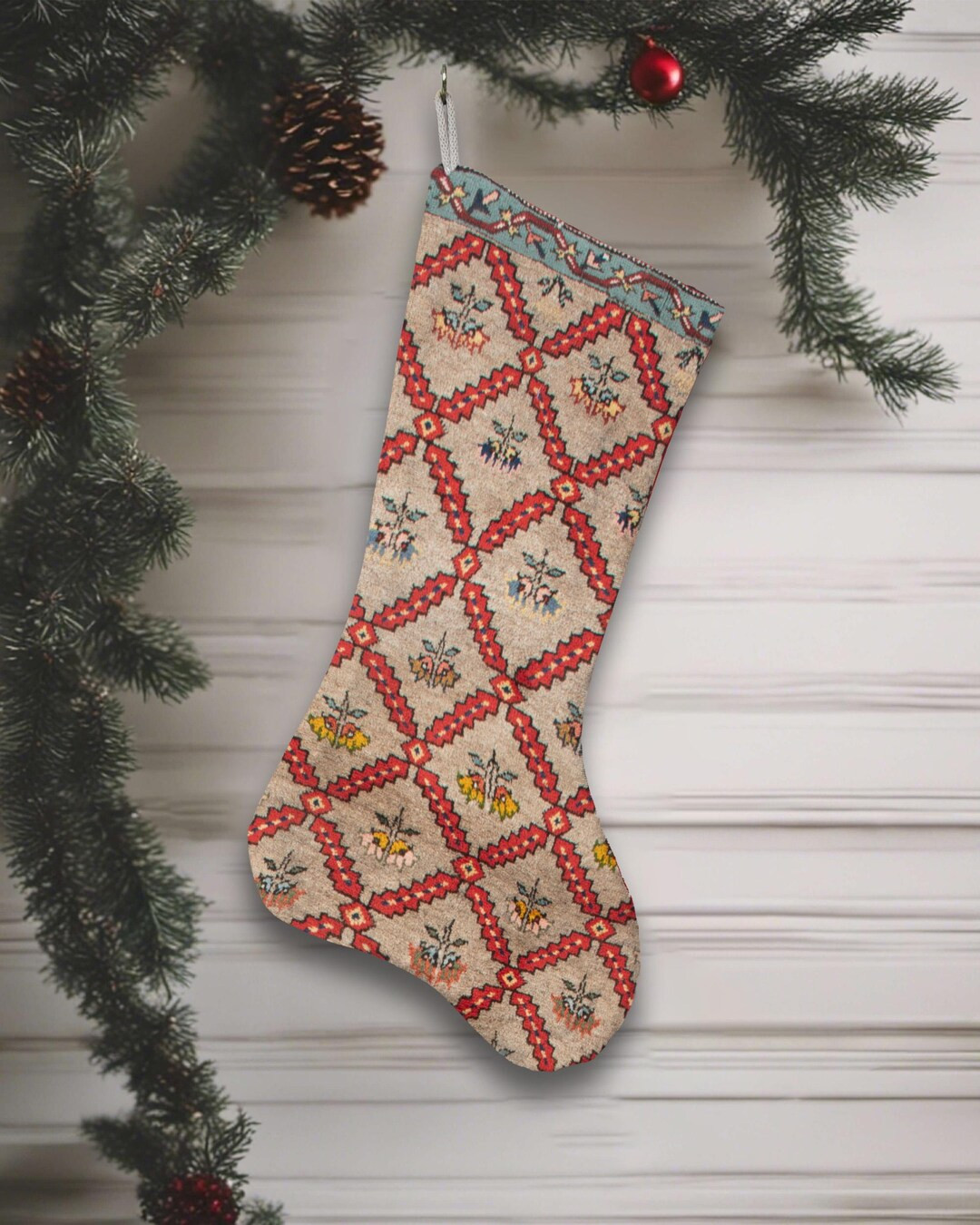 Red and Beige Kilim Christmas Stocking, Floral Geometric Holiday Decor, Boho Ethnic Festive Sock,... | Etsy (US)