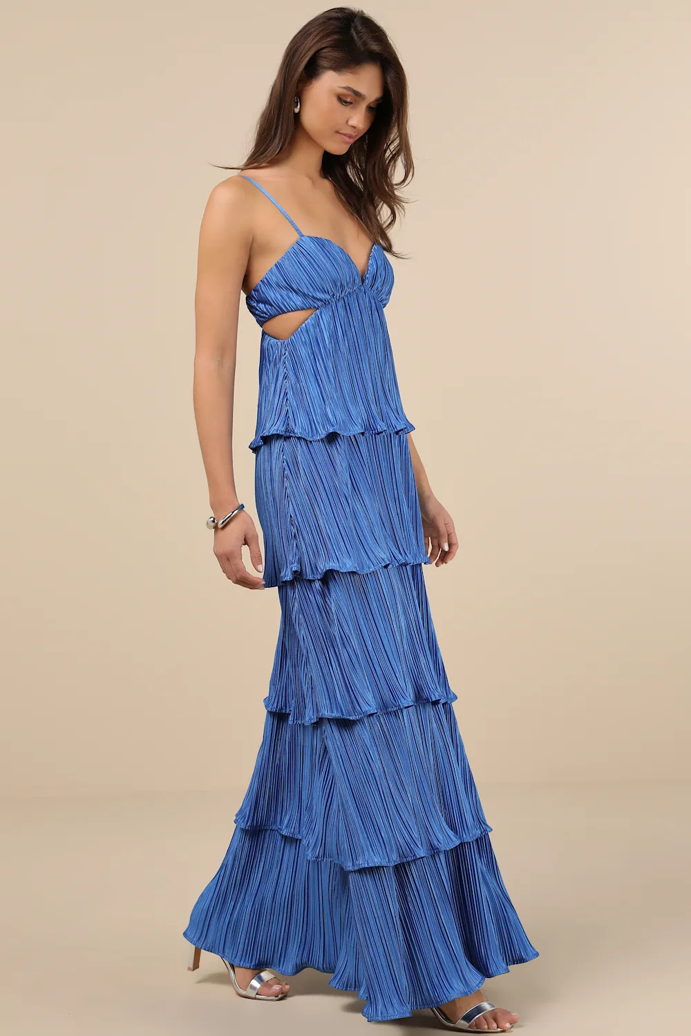 Kanya Blue Satin Plisse Tiered Maxi Dress | Lulus