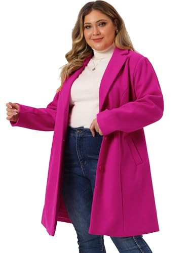 Agnes Orinda Women's Plus Size Winter Coats Elegant Notched Lapel Single Breasted Trench Coat 1X Hot Pink | Amazon (US)