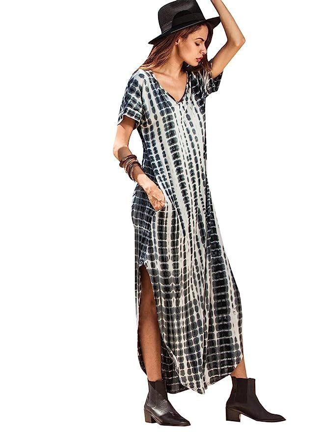 MAKEMECHIC Casual Maxi Short Sleeve Split Tie Dye Long Dress | Amazon (US)