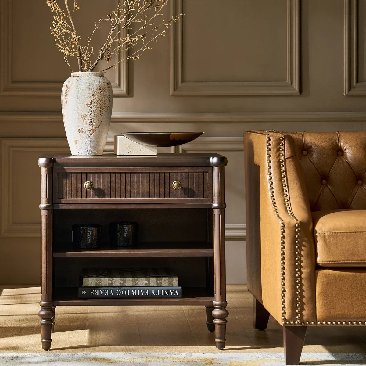 Hoai Transitional 26"W Fluted 1-Drawer Solid End Table with Built-In Charging Station | Wayfair North America