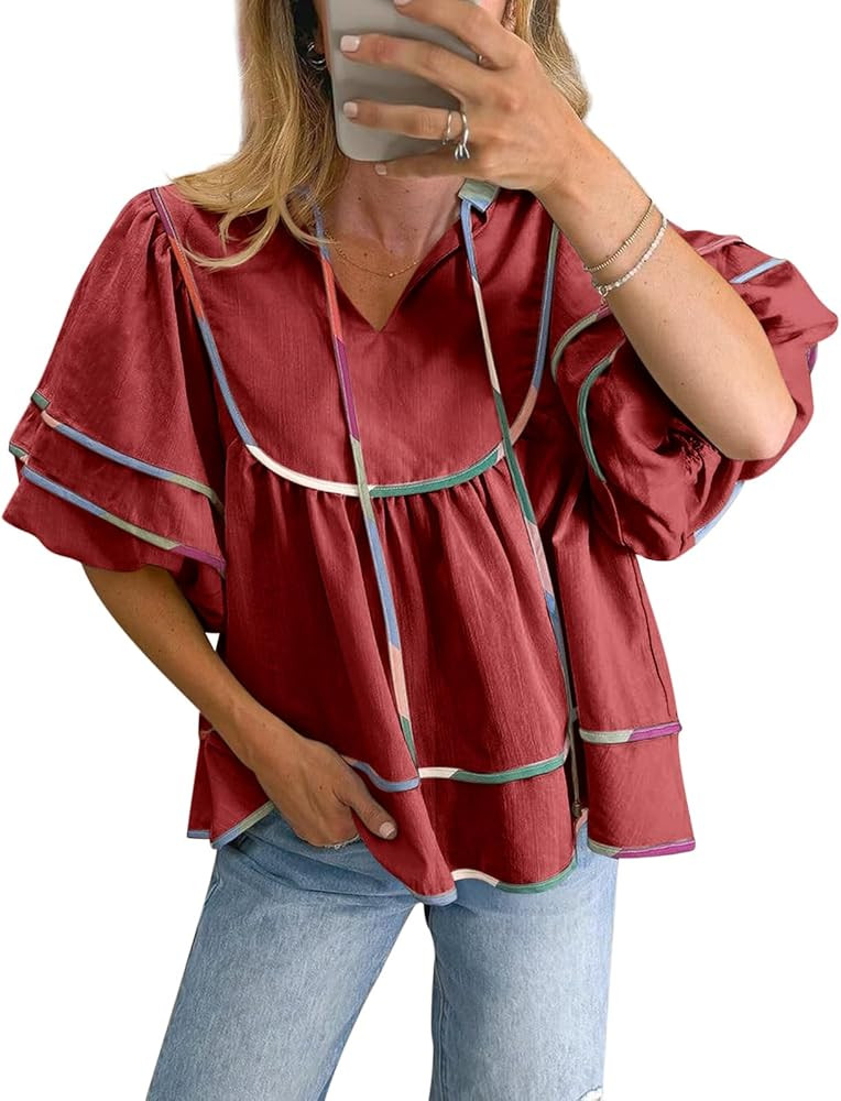 Cicy Bell Womens Summer Babydoll Tops V Neck Short Lantern Sleeve Shirts Cute Loose Fit Peplum Fl... | Amazon (US)