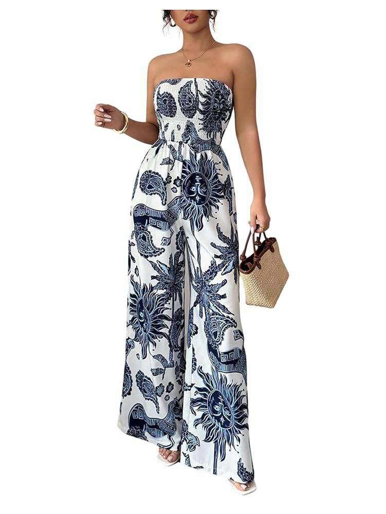 Floerns Women's Cheetah Print Strapless Tube Shirred Sleeveless Wide Leg Romper Jumpsuit | Amazon (US)