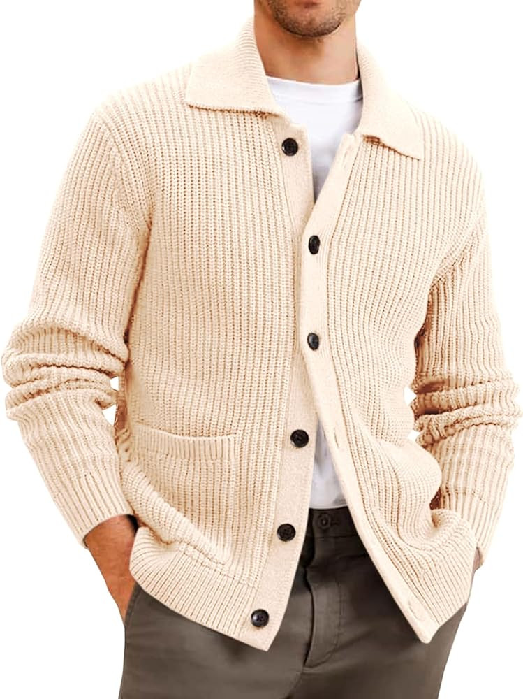 Runcati Mens Cable Knit Cardigan Sweater Button Down Casual Sweaters Ribbed Chunky Outwear with P... | Amazon (US)