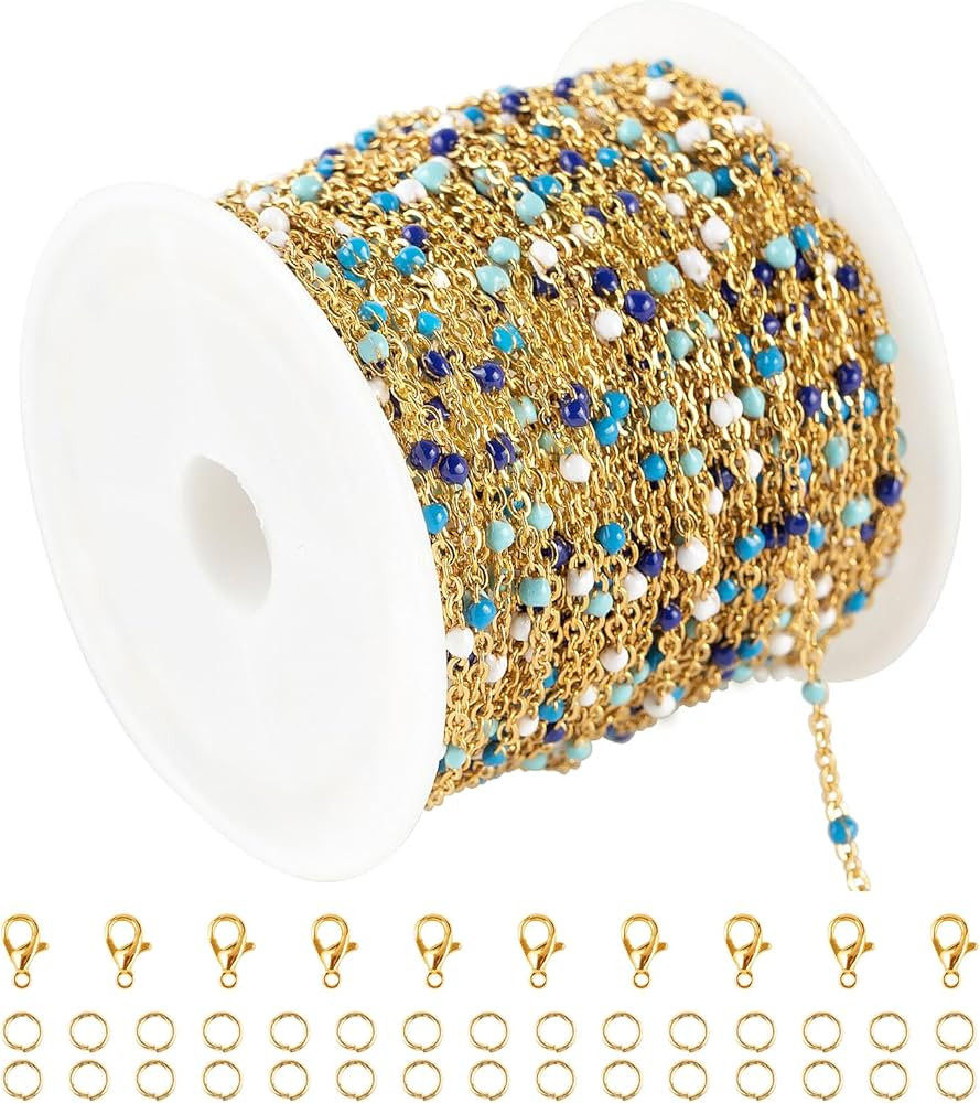 UMAOKANG 33 Feet/10M Blue Mixed Color Bead Chains for Jewelry Making Gold Plated Stainless Steel ... | Amazon (US)